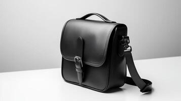 Photo of Minimalist black leather female bag isolated on white background.