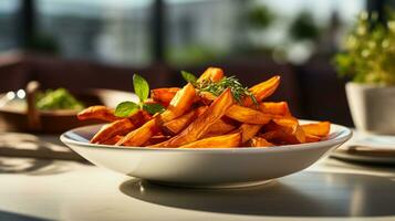 foto de dulce patata papas fritas como un plato en un gama alta restaurante. generativo ai