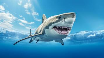 foto de un tiburón debajo azul cielo. generativo ai