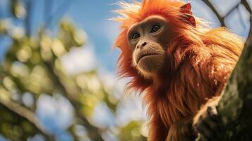 Photo of Uakari monkey in ther forest with blue sky. Generative AI