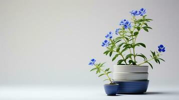 Photo of Jacobs Ladder flower in pot isolated on white background. Generative AI