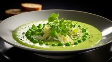 Photo of Spring Pea Soup as a dish in a high-end restaurant. Generative AI