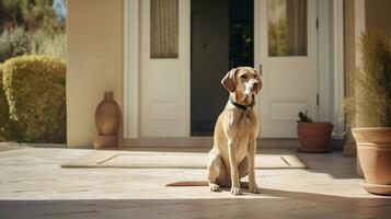 Photo of A loyal dog patiently awaits its owner's return by the front door. Generative AI