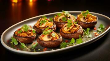 Photo of Stuffed Mushrooms as a dish in a high-end restaurant. Generative AI