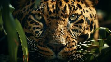 Close-up photo of a African Leopard looking any direction on jungle. Generative AI