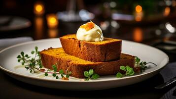 Photo of Pumpkin Bread as a dish in a high-end restaurant. Generative AI