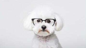 Photo of a Bichon Frise dog using eyeglasses isolated on white background. Generative AI