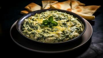 Photo of Spinach and Artichoke Dip as a dish in a high-end restaurant. Generative AI