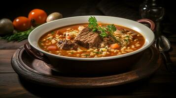 Photo of Beef and Barley Soup as a dish in a high-end restaurant. Generative AI