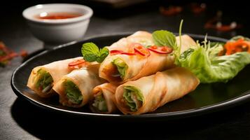 Photo of Thai Spring Rolls as a dish in a high-end restaurant. Generative AI