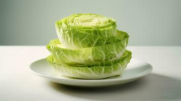 Photo of Sliced Cabbage on a plate isolated on white background. generative ai