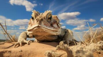 Photo of a Horned Toad in a Desert with blue sky. Generative AI