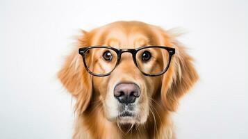 Photo of a Golden Retriever dog using eyeglasses isolated on white background. Generative AI