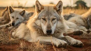 Photo of a herd of Wolf resting in an open area on the Savanna. Generative AI