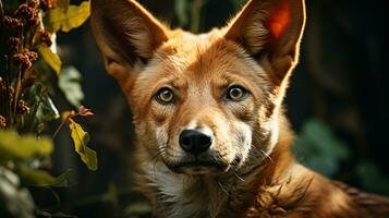 Close-up photo of a Dingo looking any direction on jungle. Generative AI