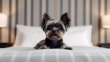 retrato de affenpinscher acostado en cama. generativo ai foto