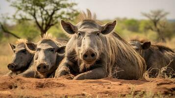 Photo of a herd of Warthog resting in an open area on the Savanna. Generative AI