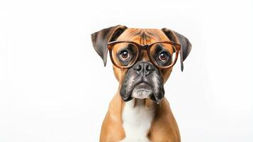Photo of a Boxer dog using eyeglasses isolated on white background. Generative AI