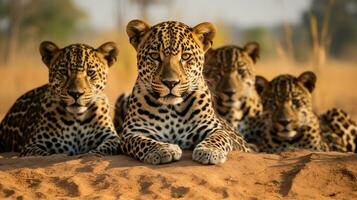 Photo of a herd of Jaguar resting in an open area on the Savanna. Generative AI