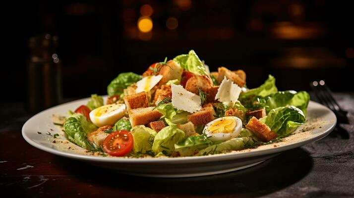 Photo of Caesar Salad as a dish in a high-end restaurant. Generative AI