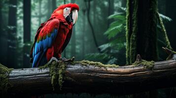 foto de un escarlata guacamayo en pie en un caído árbol rama a Mañana. generativo ai