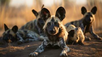 Photo of a herd of African Wild Dog resting in an open area on the Savanna. Generative AI