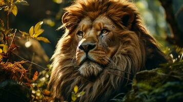 Close-up photo of a Lion looking any direction on jungle. Generative AI