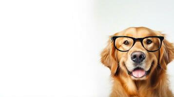 Photo of a Golden Retriever dog using eyeglasses isolated on white background. Generative AI