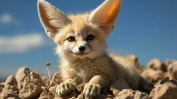 de cerca foto de un fennec zorro mirando ninguna dirección en el desierto. generativo ai