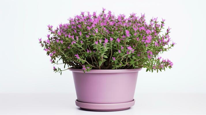 Photo of Thyme flower in pot isolated on white background. Generative AI