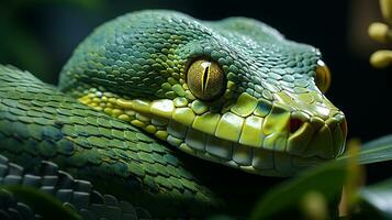 Close-up photo of a Green Tree Python looking in their habitat. Generative AI