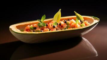 Photo of Papaya Boat with Lime as a dish in a high-end restaurant. Generative AI