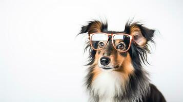 Photo of a Shetland Sheepdog dog using eyeglasses isolated on white background. Generative AI