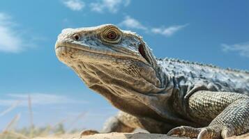 Photo of a Desert Monitor Lizard in a Desert with blue sky. Generative AI