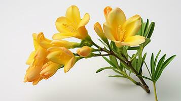 Photo of beautiful Freesia flower isolated on white background. Generative AI