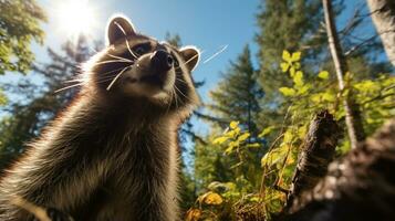 foto de mapache en El r bosque con azul cielo. generativo ai