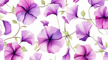 Seamless pattern of Petunia flower in watercolor style isolated on white background. Petunia flower texture background. Generative AI photo