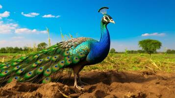 Photo of a Peacock in the Farmland. Generative AI