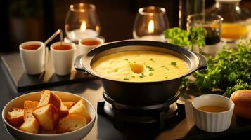 Photo of Cheese Fondue as a dish in a high-end restaurant. Generative AI