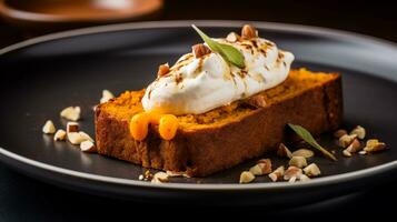 Photo of Pumpkin Bread as a dish in a high-end restaurant. Generative AI