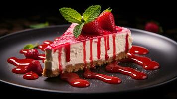 Photo of Strawberry Cheesecake as a dish in a high-end restaurant. Generative AI