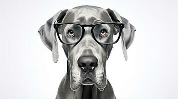 Photo of a Great Dane dog using eyeglasses isolated on white background. Generative AI