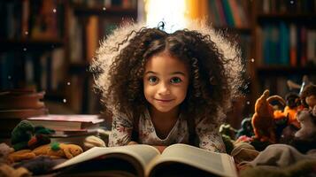 pequeño niña leyendo un libro en el biblioteca con otoño hojas alrededor su. generativo ai foto