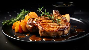 Photo of Apple Cider Glazed Pork Chops as a dish in a high-end restaurant. Generative AI