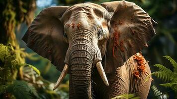 de cerca foto de un elefante mirando ninguna dirección en selva. generativo ai