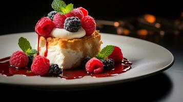 Photo of Angel Food Cake as a dish in a high-end restaurant. Generative AI