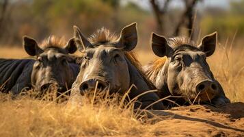 Photo of a herd of Warthog resting in an open area on the Savanna. Generative AI