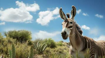 Photo of a Zonkey under Blue Sky. Generative AI