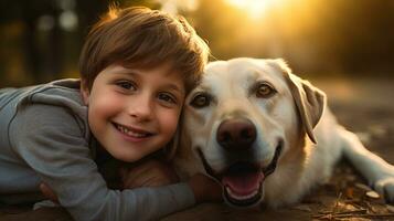 selfie foto de un pequeño chico con su perro . generativo ai