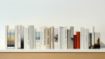 3d rendering of a book shelf with books in front of grey background. Generative AI photo